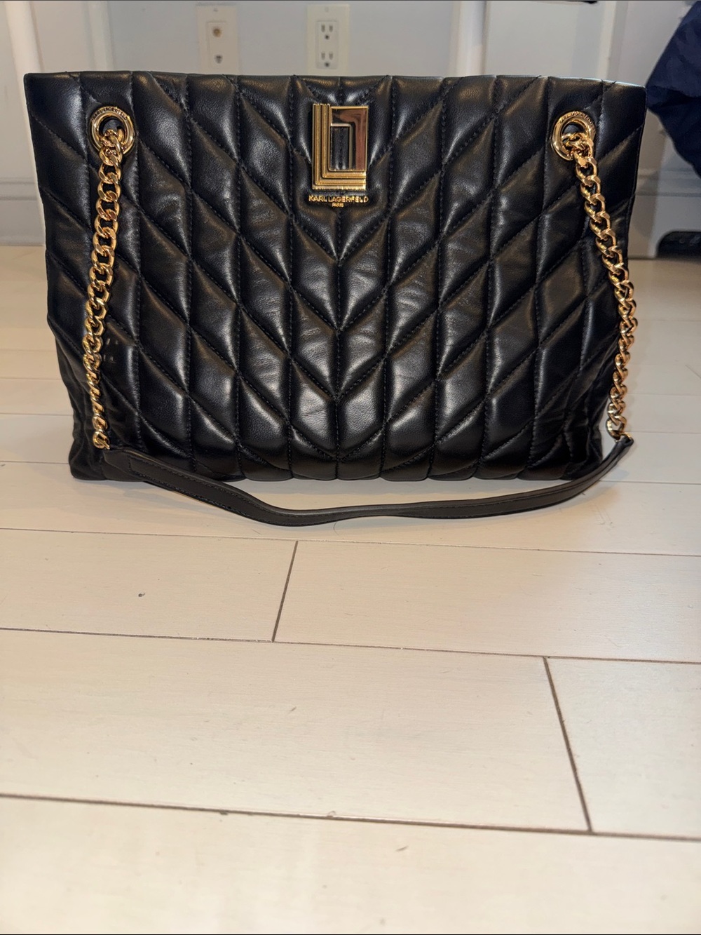 Karl Lagerfeld Lafayette Tote Bag Black Quilted Leather Tote with Gold Chain